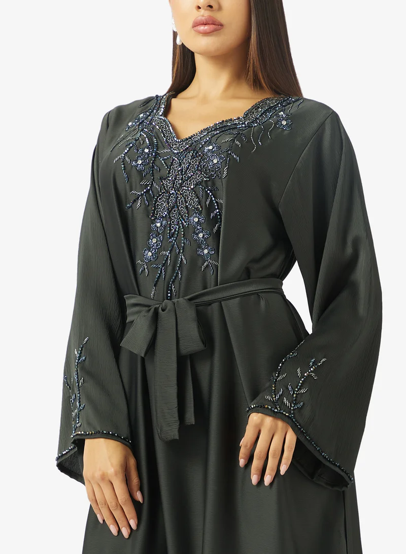 hayas closet  Floral Beaded Embroidery Work At Front Section And Belt Jalabiya for Women | Best Price UAE